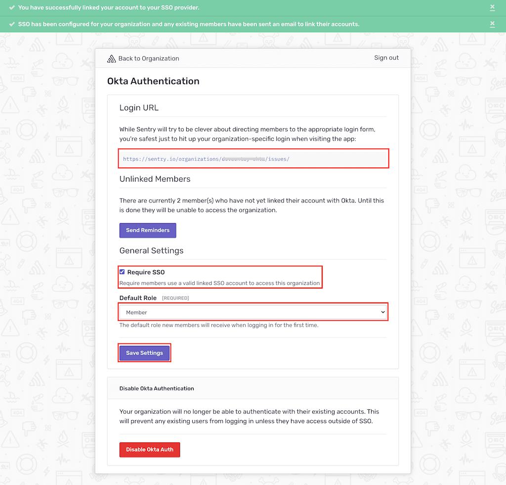 Sentry single sign-on settings for Okta